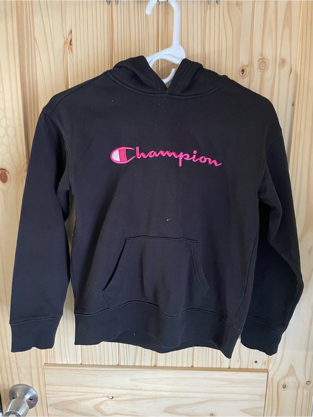 Champion Black Hoodie with Pink Script Logo